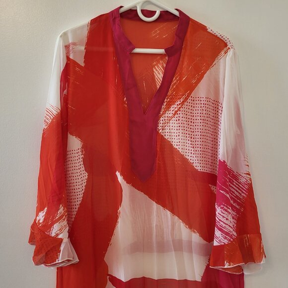 Multi color Red Print Long sheer Beach Kaftan Dress NWOT - Picture 4 of 7